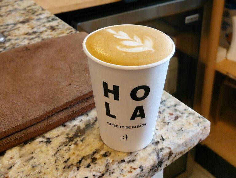 A cappuccino with latte art in a cafe with coffee equipment in Zacatecas, Mexico.